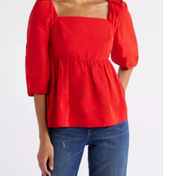 Free Assembly Red Top Square Neck Size Small Blouse Peasant Puff Sleeve - Picture 2 of 6